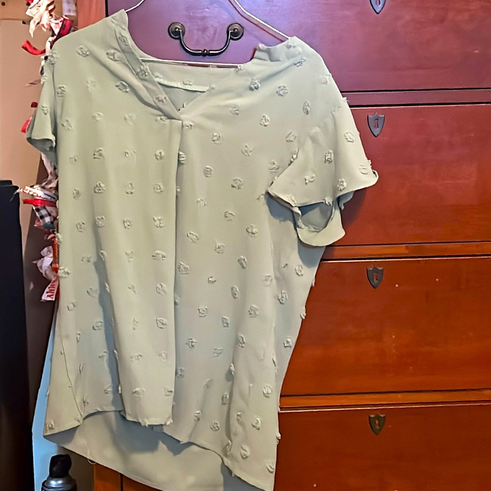 Cute V neck short sleeve shirt, in a sage green color, decorated with Pom poms